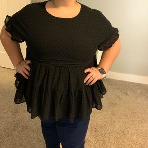 Black clip dot top ruffle sleeve top